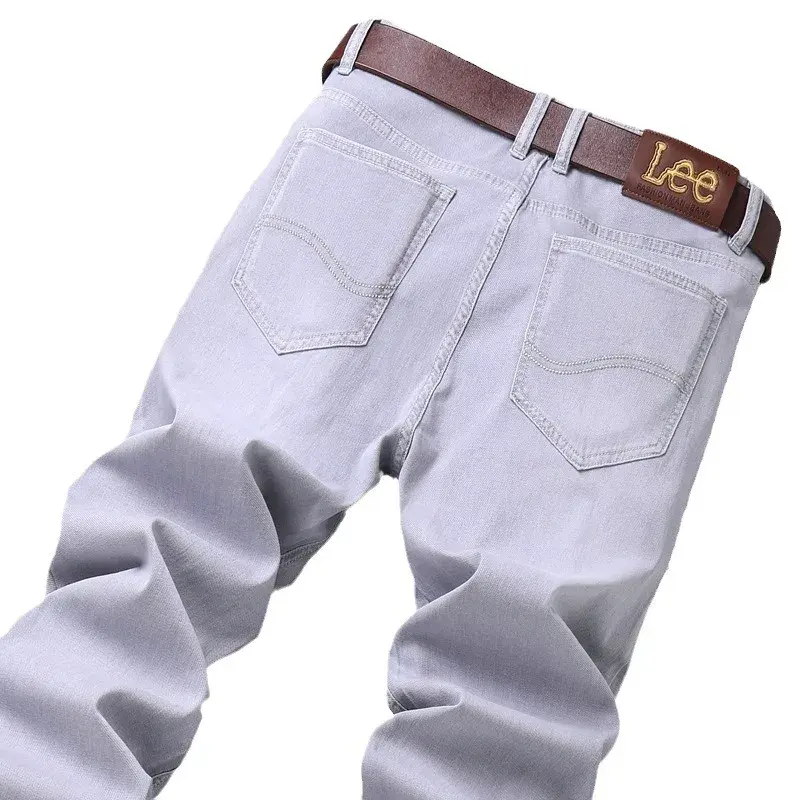 Lee Dex Cross-Border Trade Men's Straight-Leg Slim Fit Jeans Spring Summer Thin Light Grey Stretch Business Youth Casual Denim