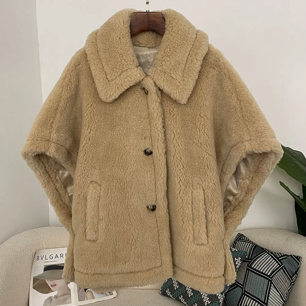 Women Spring Winter Natural Wool Coats Fashion Teddy Short Alpaca Profile Wool Coats Warm Outerwear Poncho Teddy Bear Coat