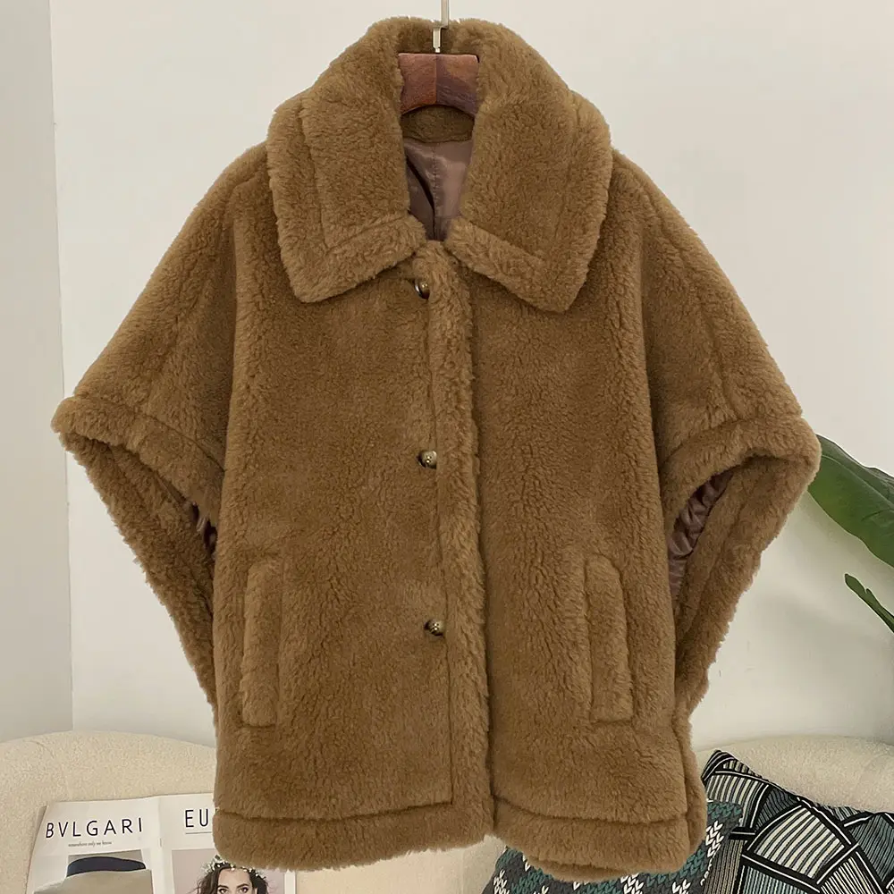 Women Spring Winter Natural Wool Coats Fashion Teddy Short Alpaca Profile Wool Coats Warm Outerwear Poncho Teddy Bear Coat