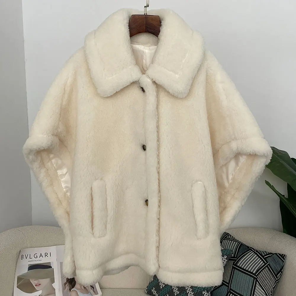 Women Spring Winter Natural Wool Coats Fashion Teddy Short Alpaca Profile Wool Coats Warm Outerwear Poncho Teddy Bear Coat