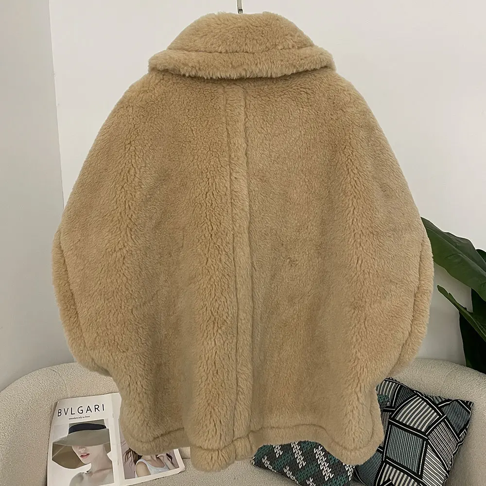 Women Spring Winter Natural Wool Coats Fashion Teddy Short Alpaca Profile Wool Coats Warm Outerwear Poncho Teddy Bear Coat