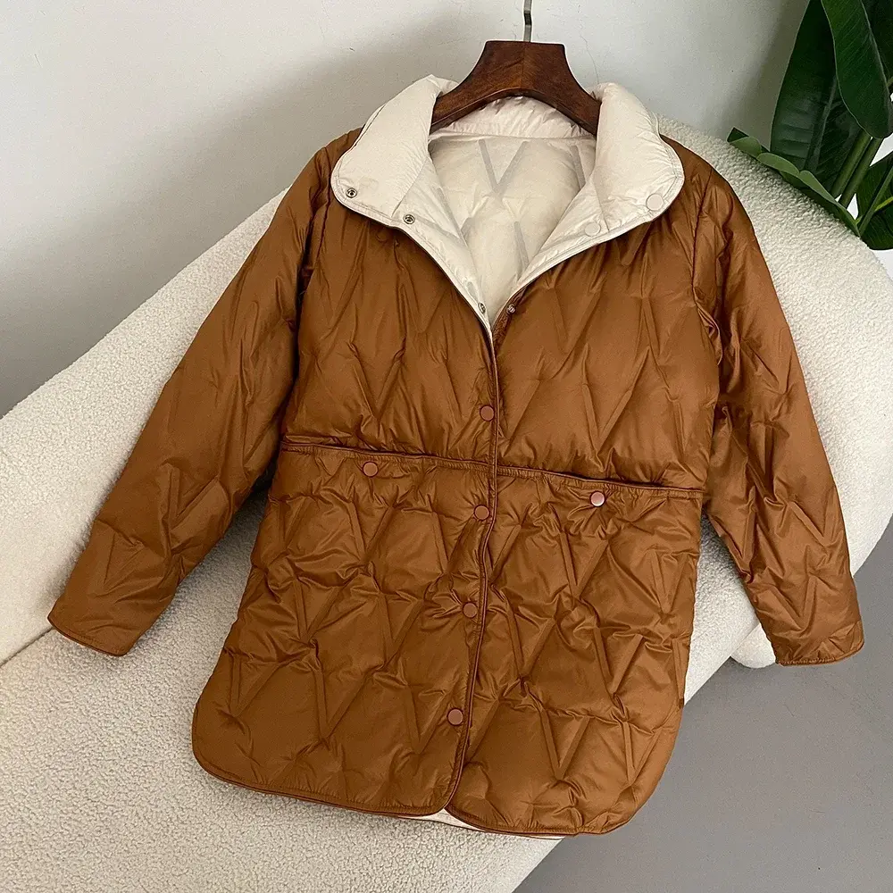 Down Jacket Women Autumn Winter Mid-Length Light White Duck Down Coats 2024 Stand Collar Reversible Puffer Jacket Loose Casual