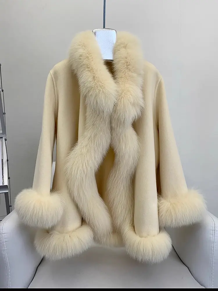 Real Fox Fur Collar Cloak Coat White Wool Coat Women 2024 Warm Oversize Elegant Real Fur Coat Natural Fox Fur Jacket