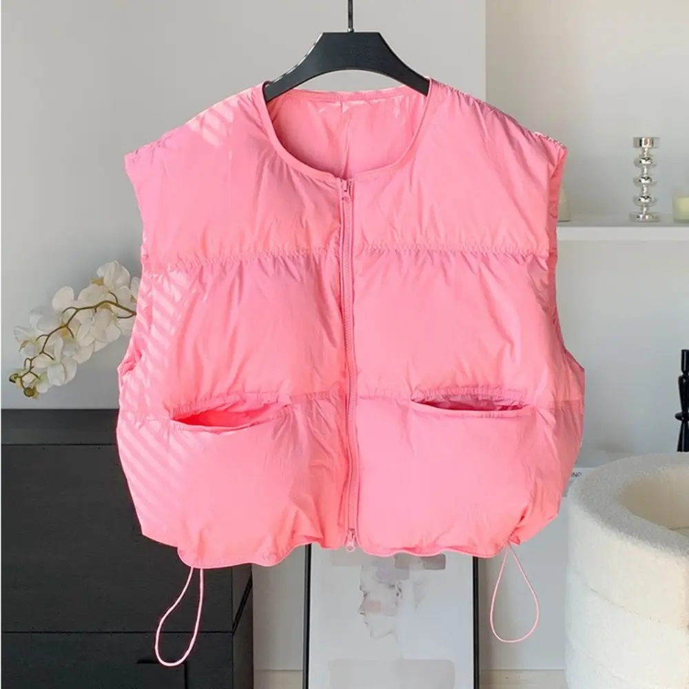 Down Jacket Women New Winter Loose Short White Duck Down Sleeveless Vest Hem Adjustable Zipper Up Warm Casual Solid Puffer Tank