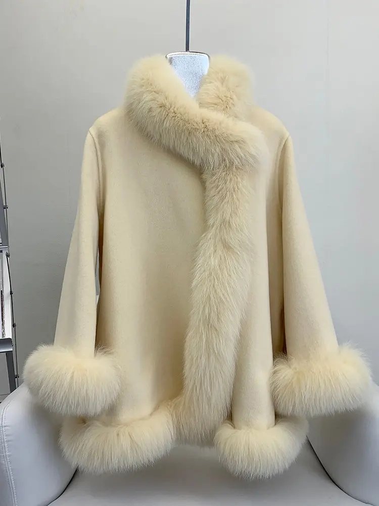 Real Fox Fur Collar Cloak Coat White Wool Coat Women 2024 Warm Oversize Elegant Real Fur Coat Natural Fox Fur Jacket
