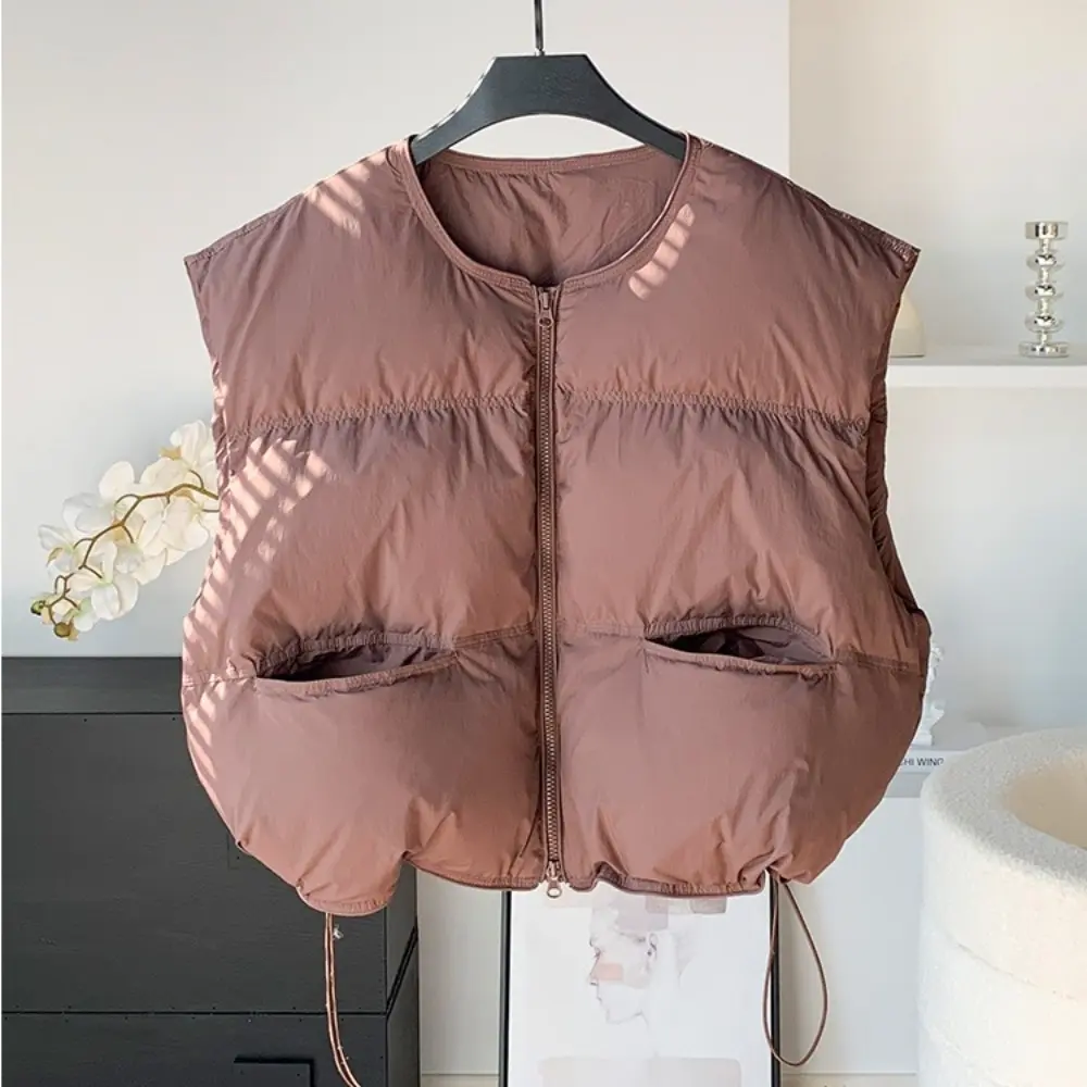 Down Jacket Women New Winter Loose Short White Duck Down Sleeveless Vest Hem Adjustable Zipper Up Warm Casual Solid Puffer Tank