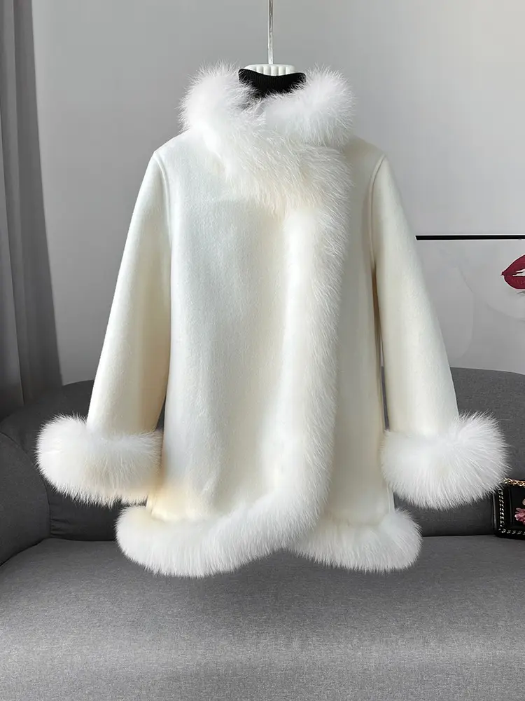 Real Fox Fur Collar Cloak Coat White Wool Coat Women 2024 Warm Oversize Elegant Real Fur Coat Natural Fox Fur Jacket