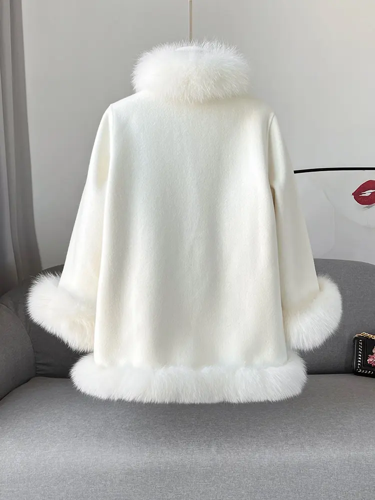 Real Fox Fur Collar Cloak Coat White Wool Coat Women 2024 Warm Oversize Elegant Real Fur Coat Natural Fox Fur Jacket