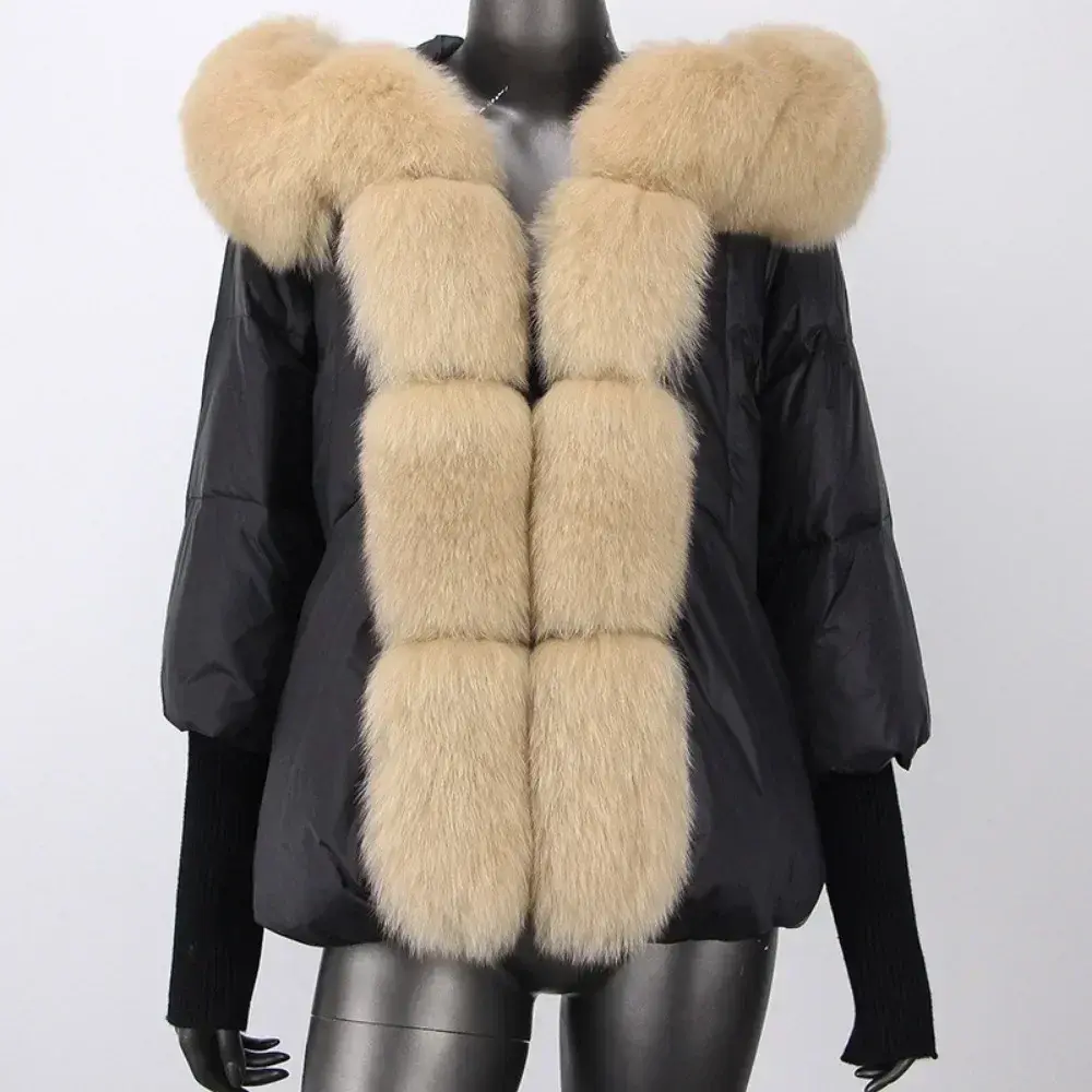 Down Jacket Women Warm Hooded Natural Thick Winter Loose Oversize Duck Down Coat Streetwear Outerwear Real Fox Fur Coat Woman