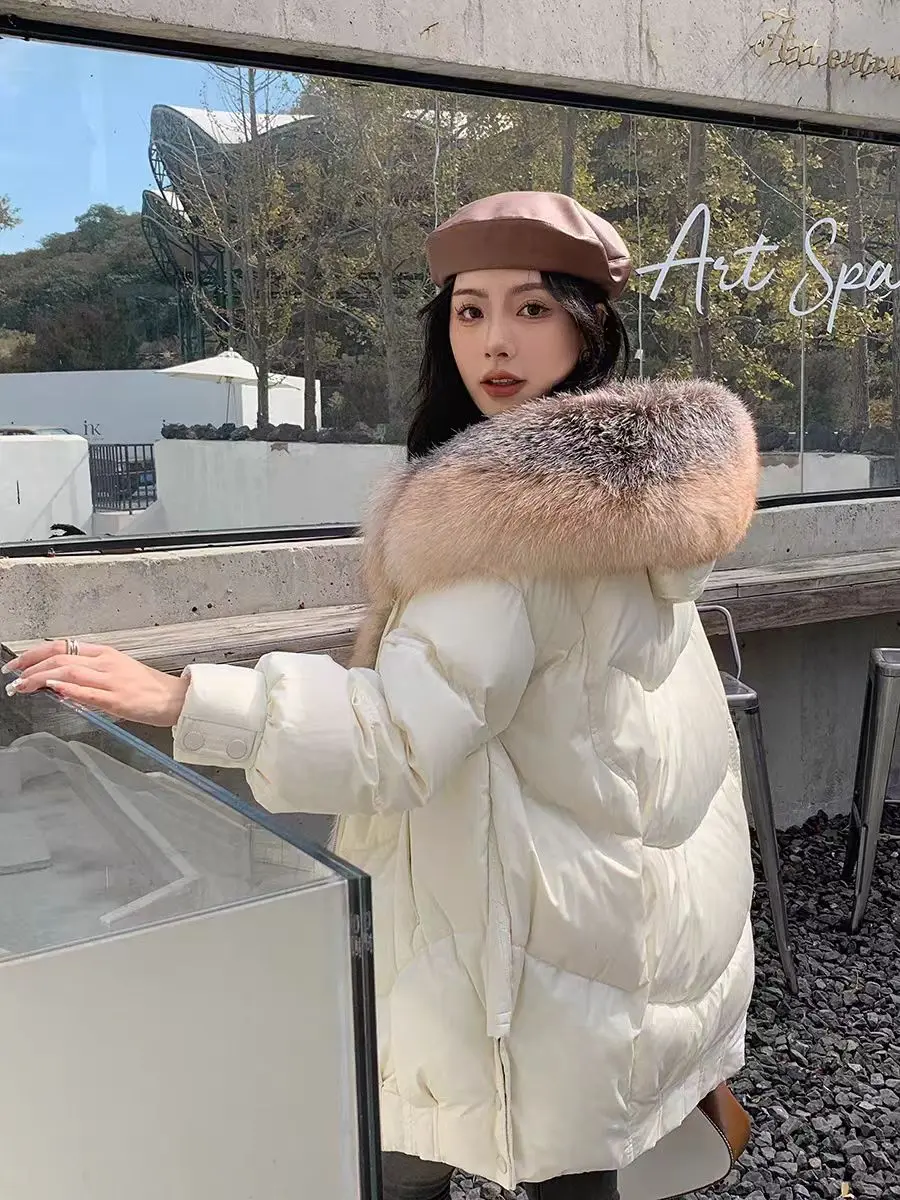 White Goose Down Jacket Real Fox Fur Coat Women's Mid-length Casual Warm Coat  2023 Winter Jacket New European Clothing Female