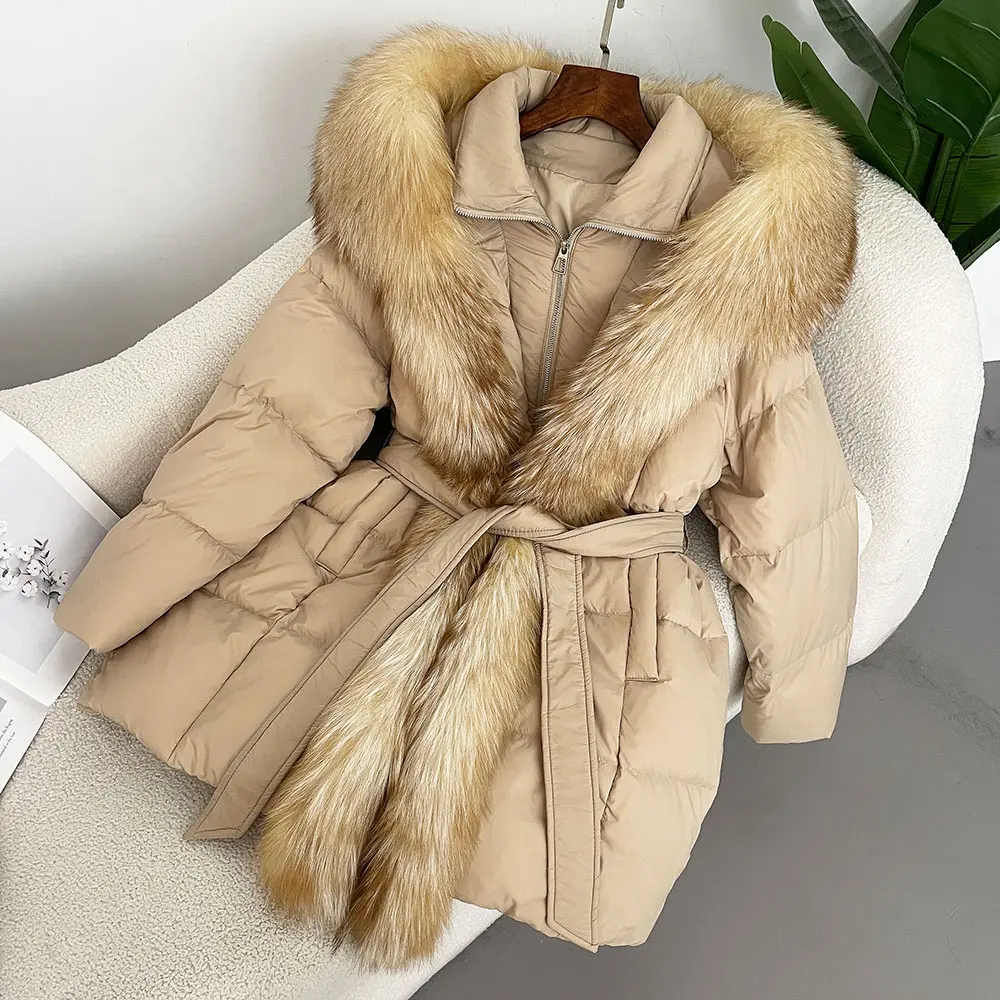 2024 Winter Jacket Women Hooded Natural Real Fox Fur White Duck Down Coat Thick Warm Streetwear Casual Outerwear Puffer Jacker