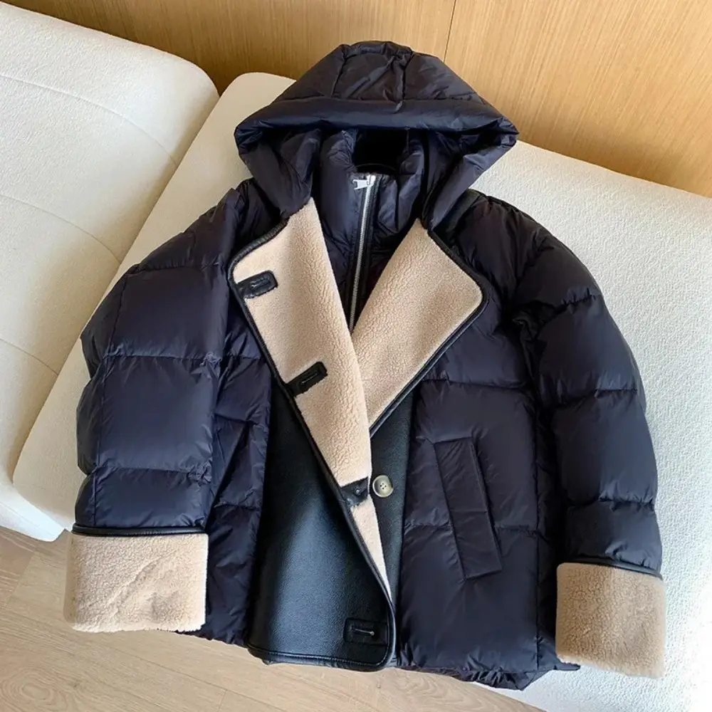 2024 Winter New Women White Duck Down Jacket Loose Stand Collar Hooded Puffer Jacket Women Lamb Wool PU Leather Parkas Outwear
