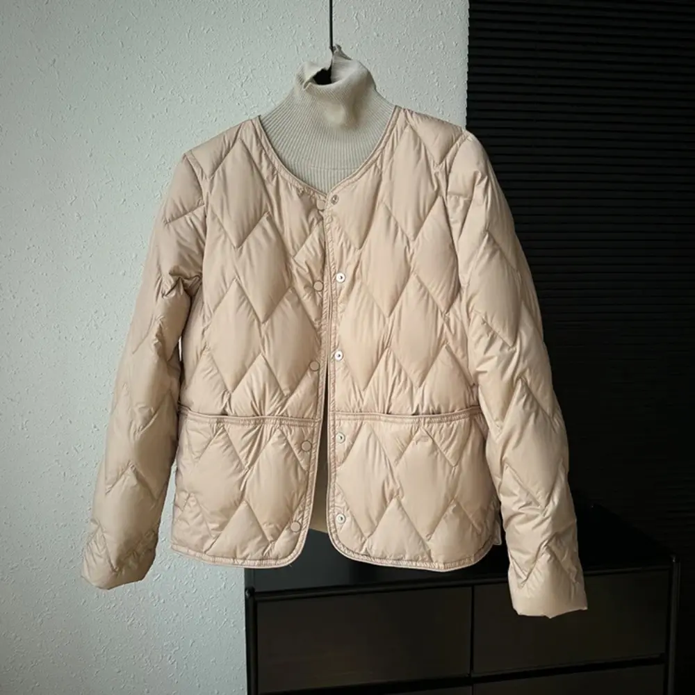 Down Jacket Women New Autumn Winter Ultralight Short 90% White Duck Down Coat Solid Color O-Neck Warmth Button Up Puffer Down