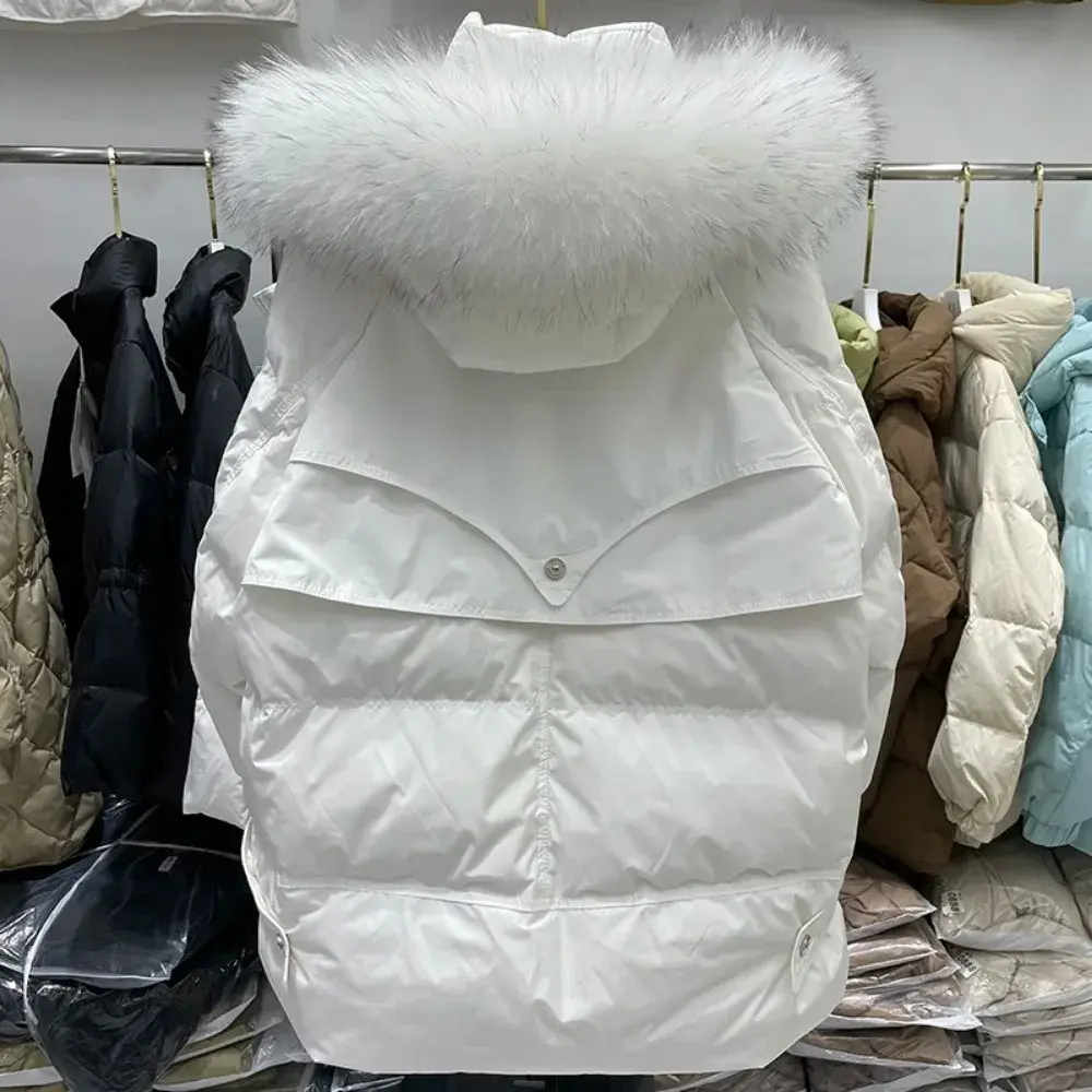 Down Jacket Women 2024 New Raccoon Fur Collar Loose Short Down Coat European Fashion Outerwear White Duck Winter Parka Jacket