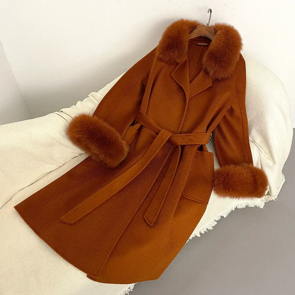 Fox Fur Coat for Women Wool Woolen Natural Real Fox Fur Collar Winter Jacket Ladies Belt Warm Outerwear Streetwear 2024