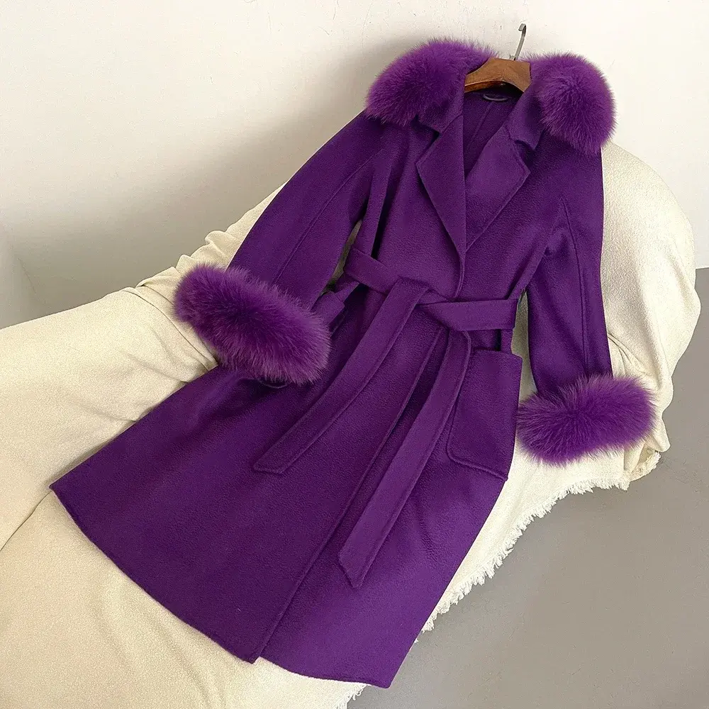 Fox Fur Coat for Women Wool Woolen Natural Real Fox Fur Collar Winter Jacket Ladies Belt Warm Outerwear Streetwear 2024