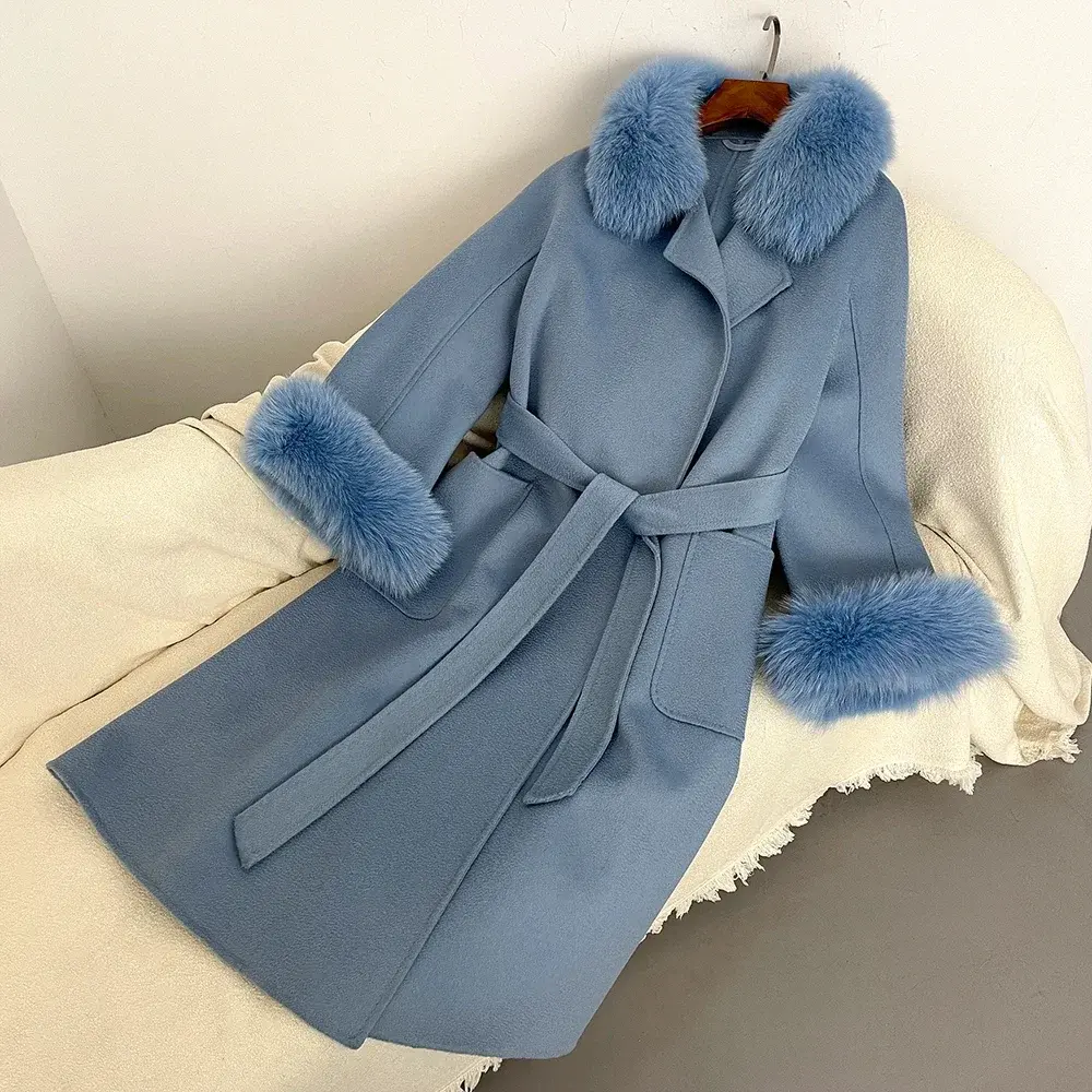 Fox Fur Coat for Women Wool Woolen Natural Real Fox Fur Collar Winter Jacket Ladies Belt Warm Outerwear Streetwear 2024