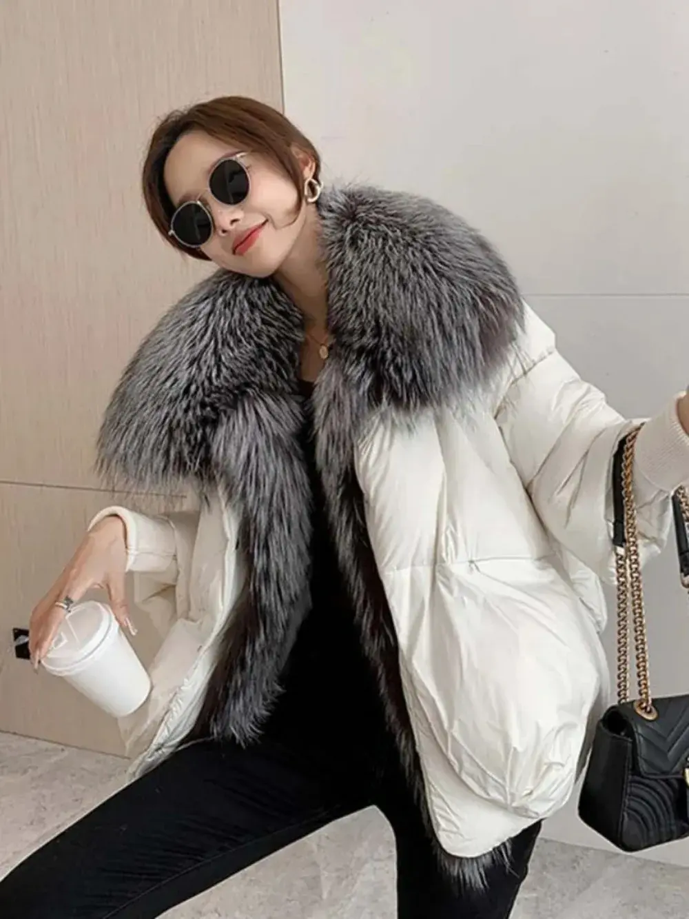 Puffer Jacket Lady Fur Coat Women Spliced White Duck Down Jacket Jacket Fox Fur Collar Detachable Casual Autumn Winter New