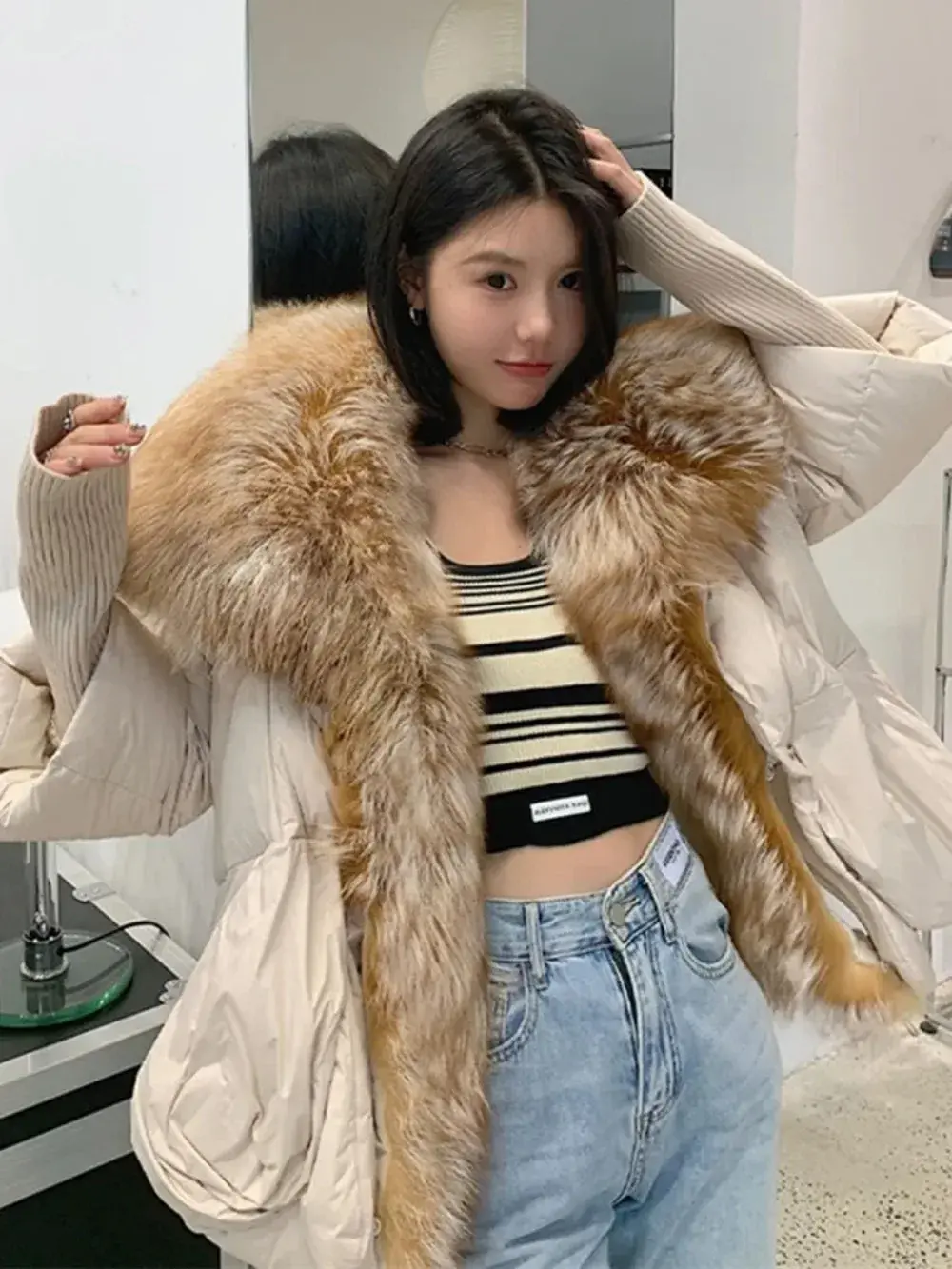 Puffer Jacket Lady Fur Coat Women Spliced White Duck Down Jacket Jacket Fox Fur Collar Detachable Casual Autumn Winter New