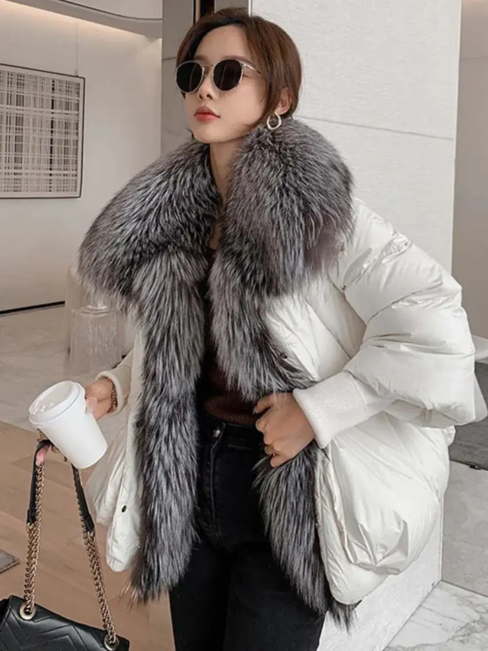 Puffer Jacket Lady Fur Coat Women Spliced White Duck Down Jacket Jacket Fox Fur Collar Detachable Casual Autumn Winter New