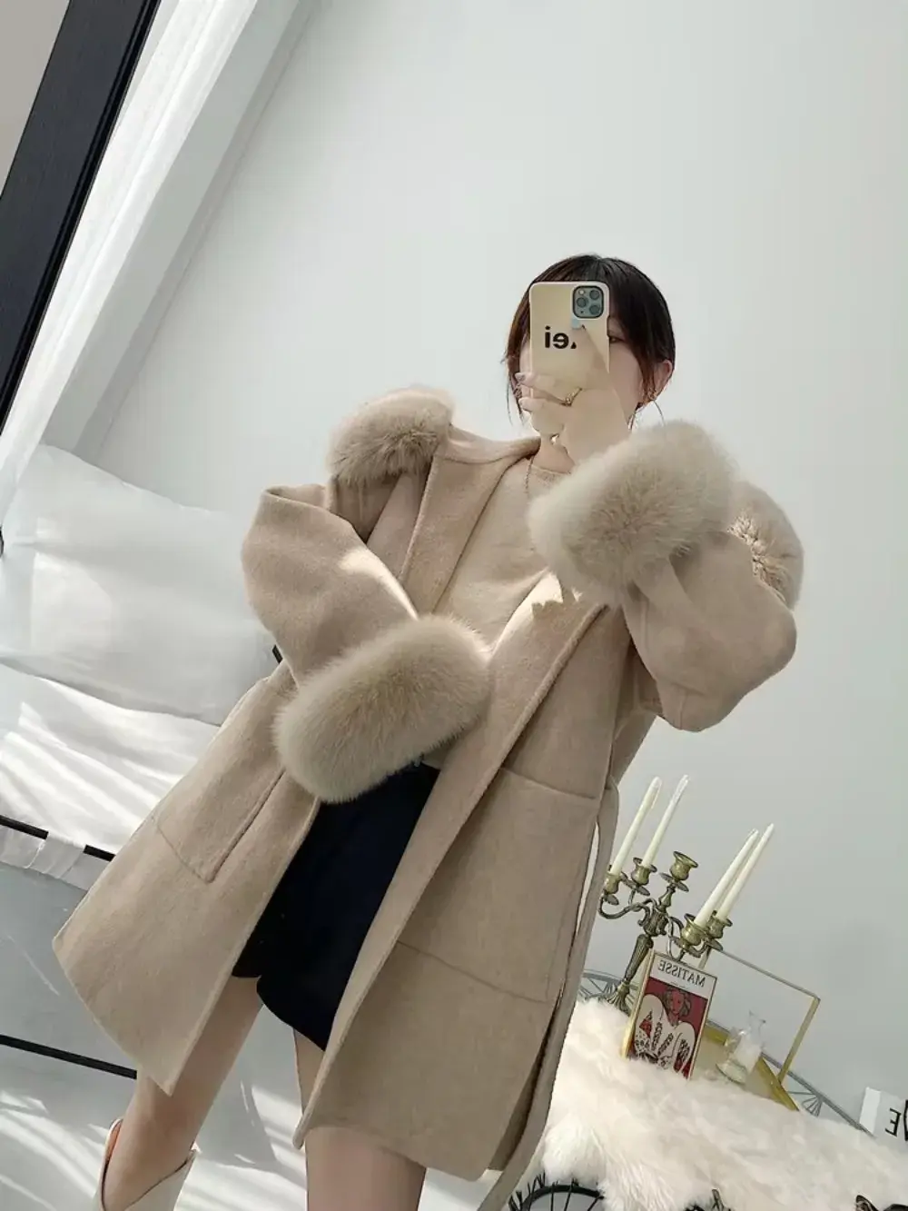 2024 New Woolen Coat Oversize Ladies Outerwear Winter Women Natural Fox Fur Collar Cuffs Jacket Hood Cashmere Wool