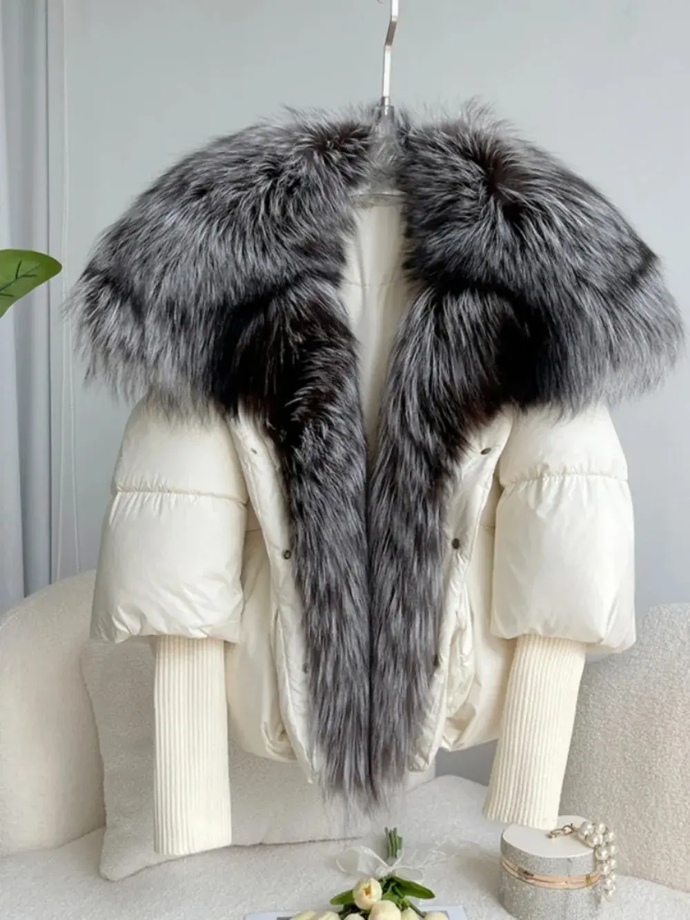 Puffer Jacket Lady Fur Coat Women Spliced White Duck Down Jacket Jacket Fox Fur Collar Detachable Casual Autumn Winter New