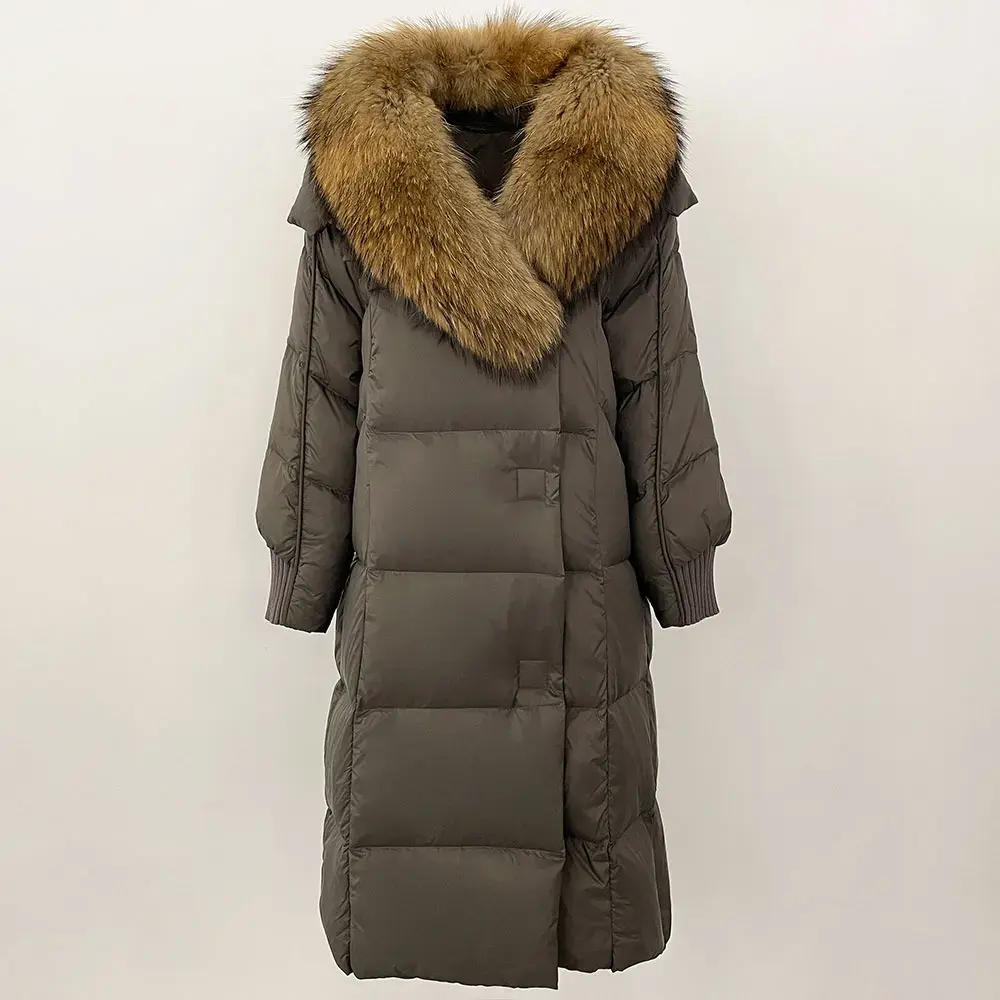 Warm Outerwear European Winter New White Goose Down Jacket Real Raccoon Fox Fur Collar Coat  Long Natural Fur Coat Women