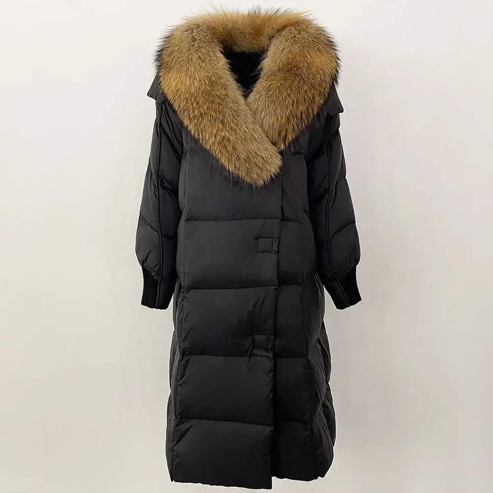 Warm Outerwear European Winter New White Goose Down Jacket Real Raccoon Fox Fur Collar Coat  Long Natural Fur Coat Women