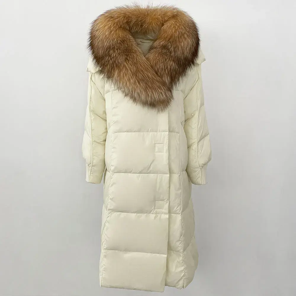Warm Outerwear European Winter New White Goose Down Jacket Real Raccoon Fox Fur Collar Coat  Long Natural Fur Coat Women