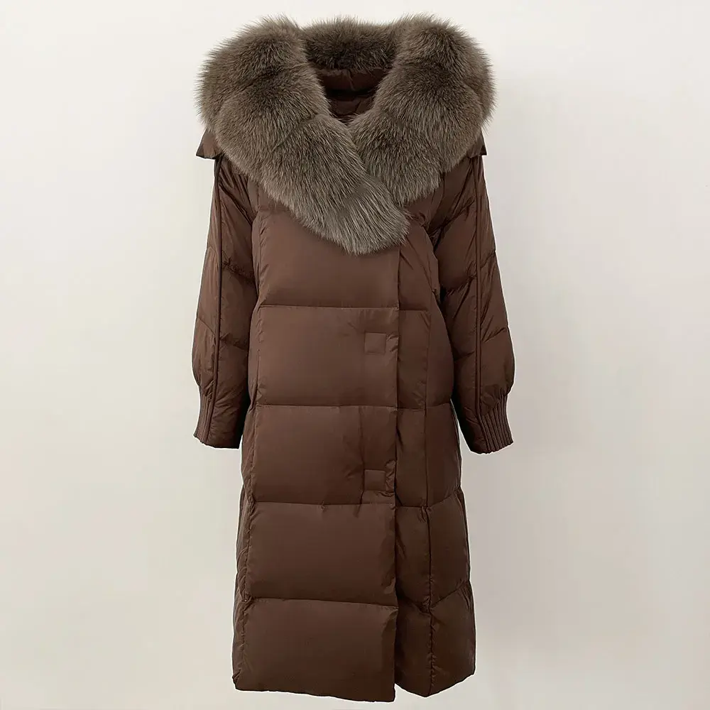 Warm Outerwear European Winter New White Goose Down Jacket Real Raccoon Fox Fur Collar Coat  Long Natural Fur Coat Women