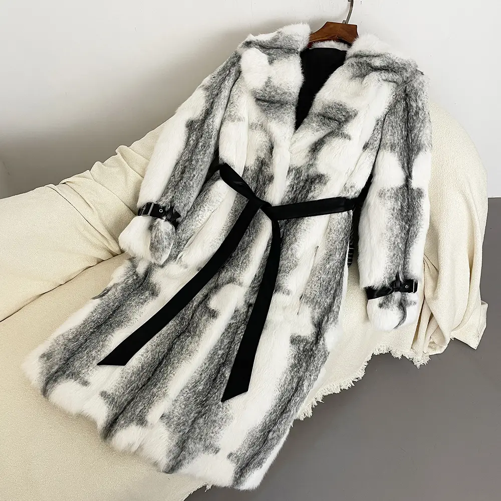 Autumn Winter Rabbit Fur Coat Over Knee Whole Leather Imported Women Fashion Leopard Print Coat Thickened Warm Fur Integrated