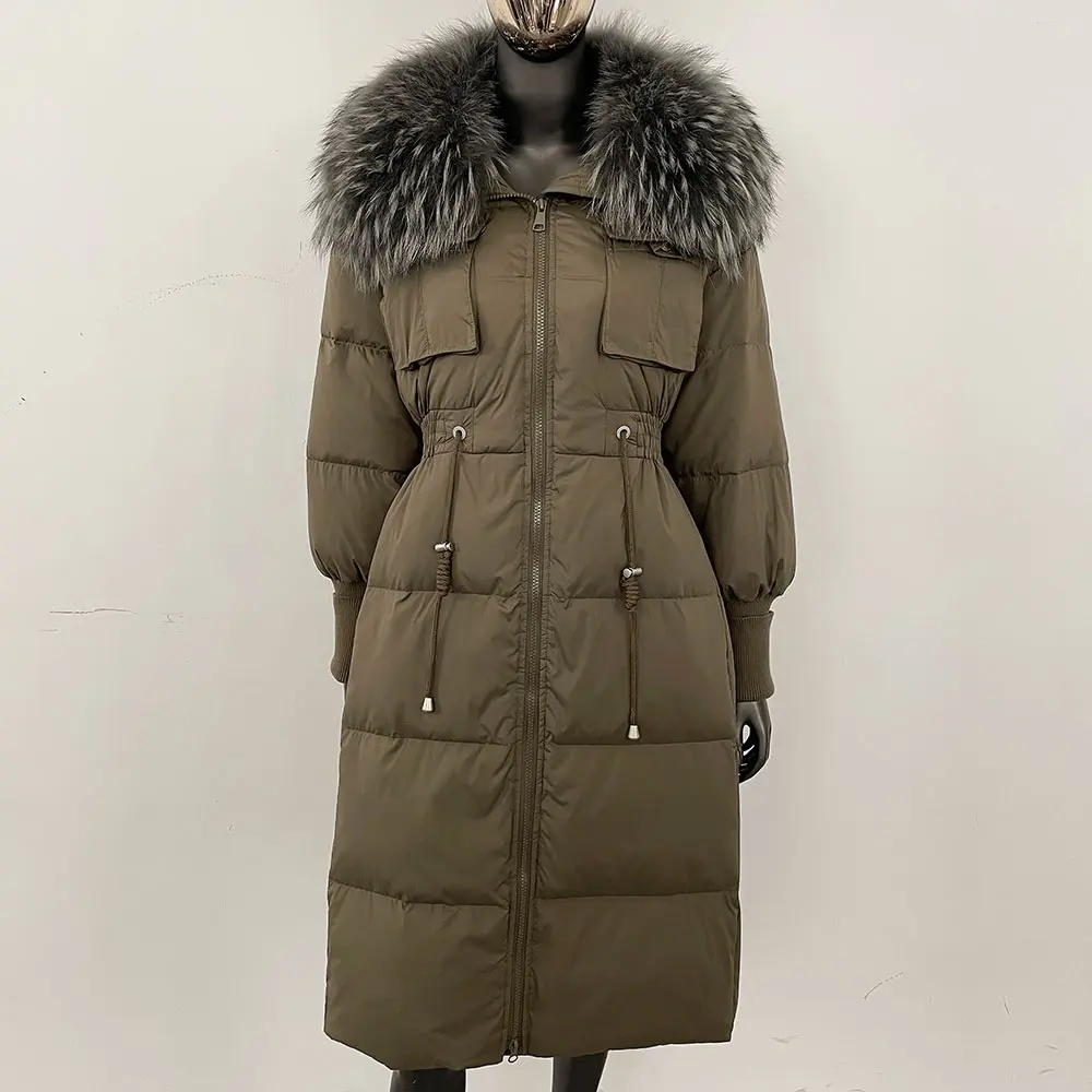 New White Duck Down Coat 2024 Puffer Jacket Lady Natural Fur Coat Winter Over Knee Women Slim Fit Warm Real Fox Fur Collar