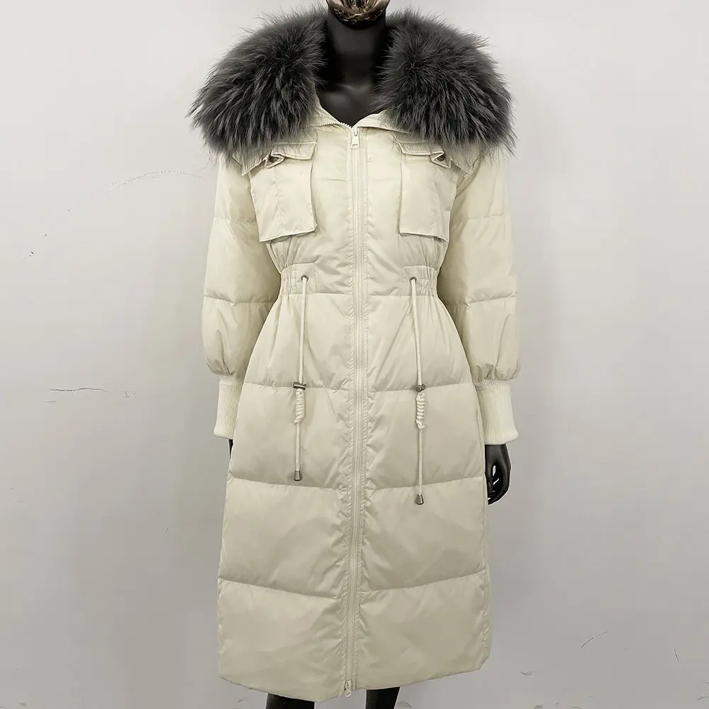 New White Duck Down Coat 2024 Puffer Jacket Lady Natural Fur Coat Winter Over Knee Women Slim Fit Warm Real Fox Fur Collar