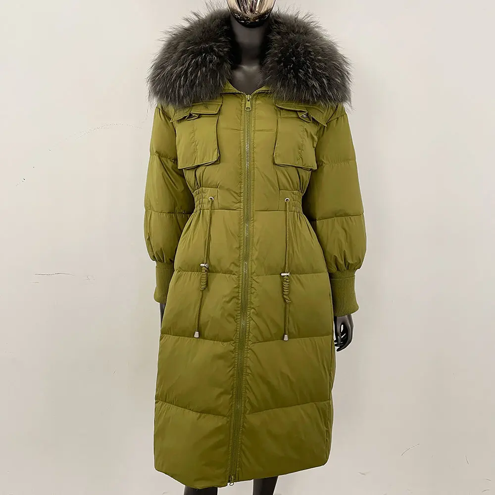 New White Duck Down Coat 2024 Puffer Jacket Lady Natural Fur Coat Winter Over Knee Women Slim Fit Warm Real Fox Fur Collar
