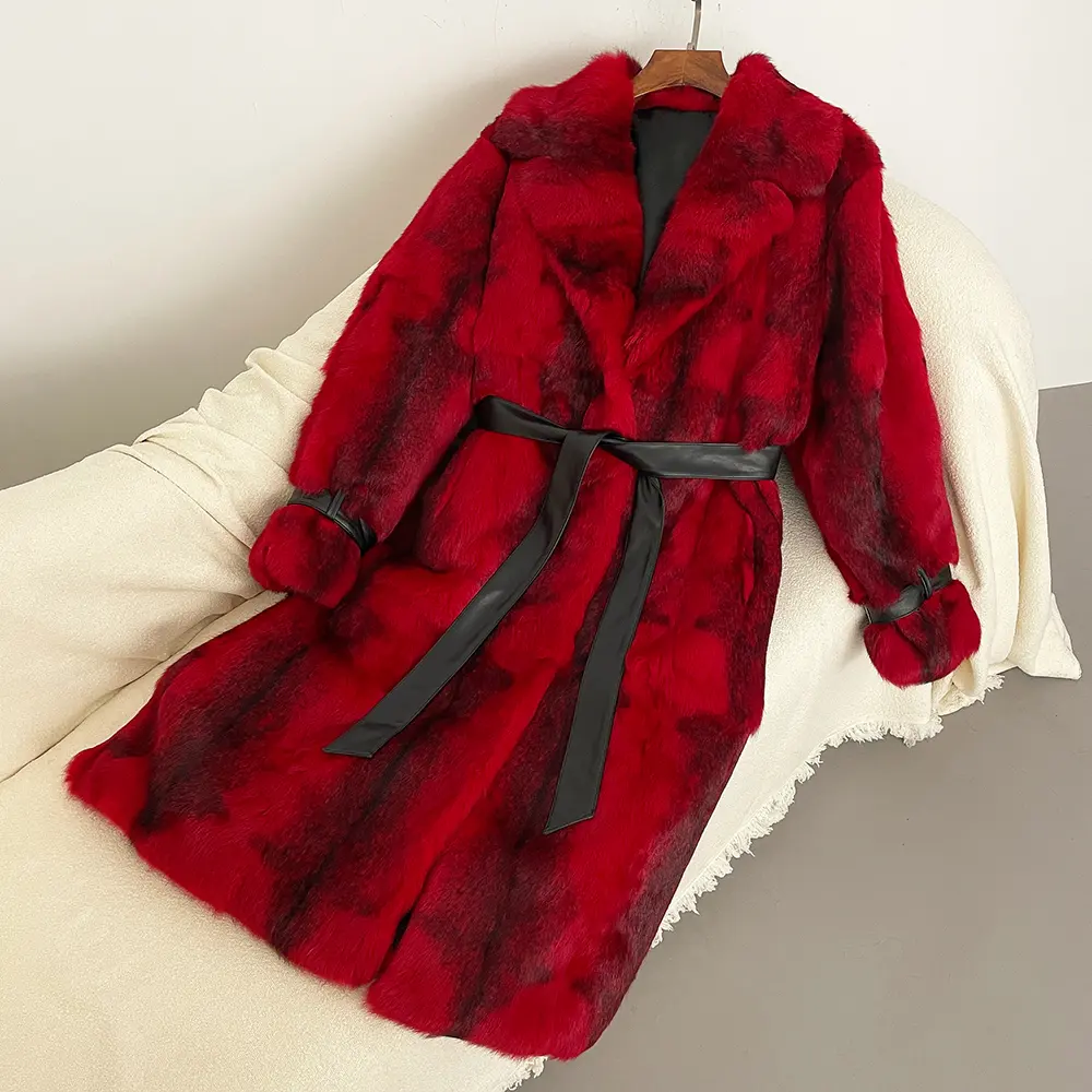 Autumn Winter Rabbit Fur Coat Over Knee Whole Leather Imported Women Fashion Leopard Print Coat Thickened Warm Fur Integrated