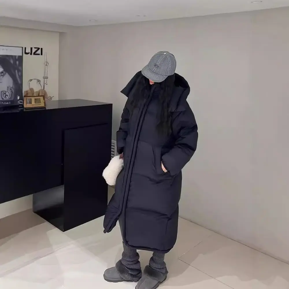 Women Long Down Coats Hooked Loose New Solid Woman Down Jacket Thick Soft Warm Female Overcoat Autumn Winter 2024