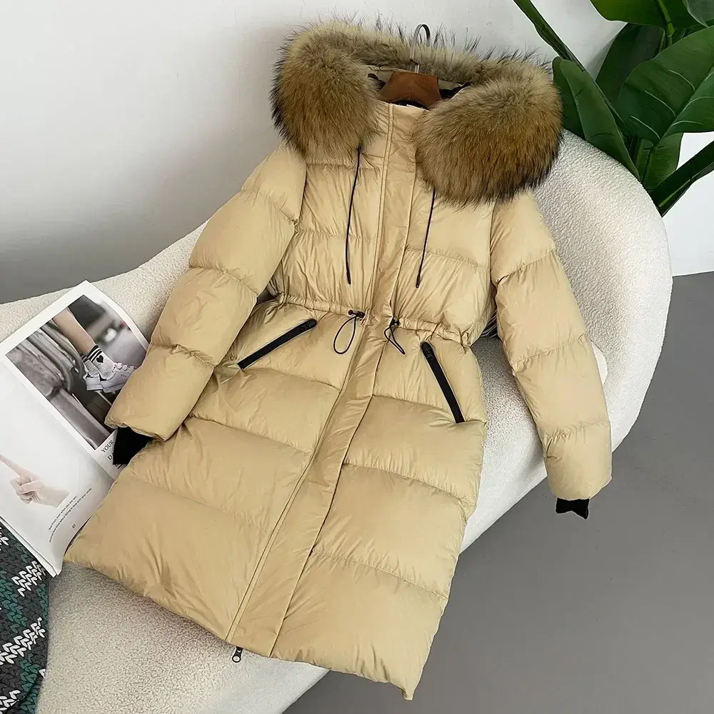 2024 Winter New White Duck Down Real Fox Fur Real Raccoon Fur Long Hooded Coat Women Slim Warm Jacket Female Casual Fashion