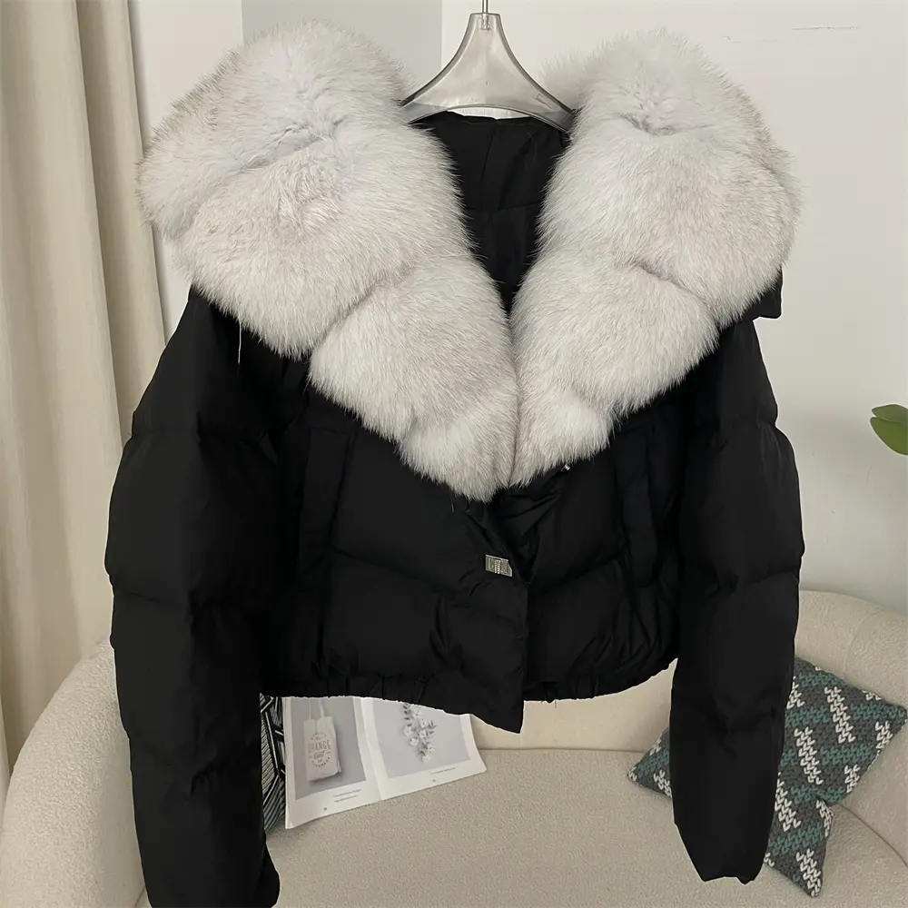 Detachable Collar Big Natural Real Fox Fur Jacket Women Short Puffer Jacket Thick White Duck Down Coat Female New Autumn Winter