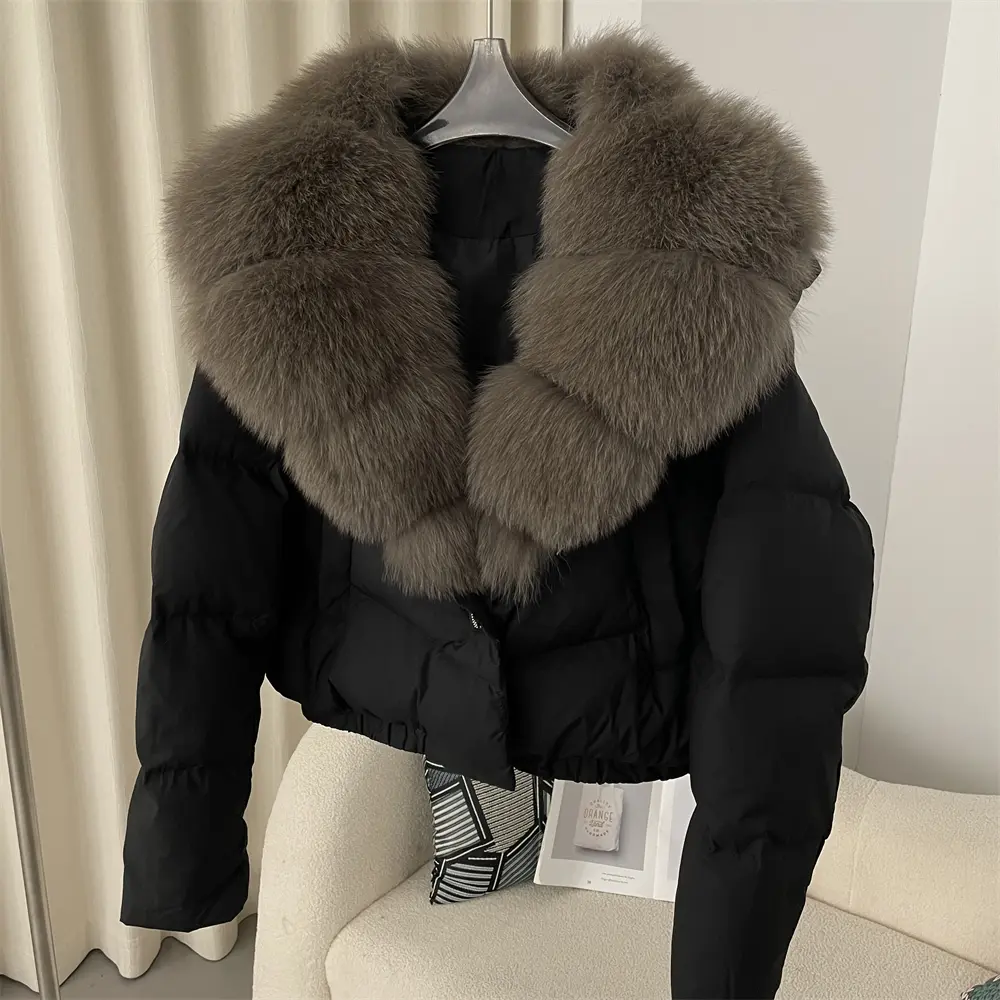 Detachable Collar Big Natural Real Fox Fur Jacket Women Short Puffer Jacket Thick White Duck Down Coat Female New Autumn Winter