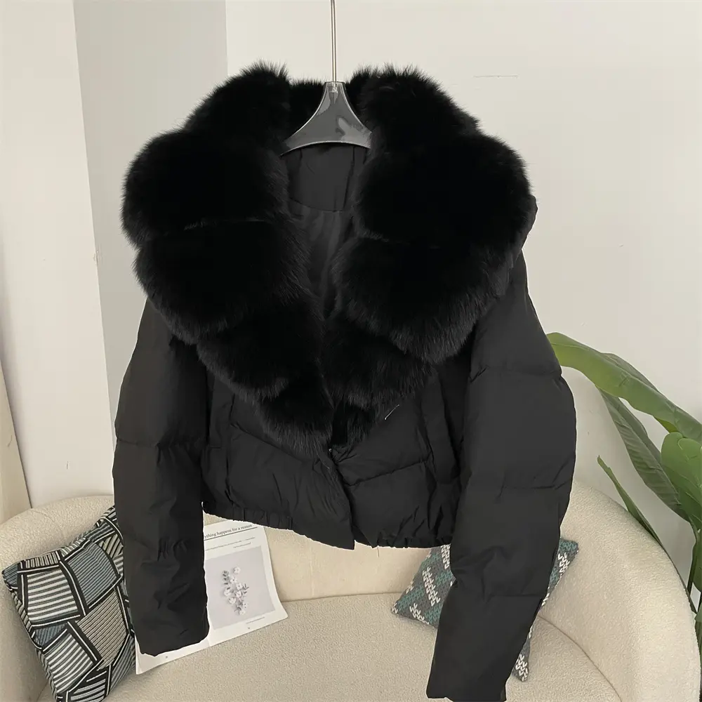 Detachable Collar Big Natural Real Fox Fur Jacket Women Short Puffer Jacket Thick White Duck Down Coat Female New Autumn Winter