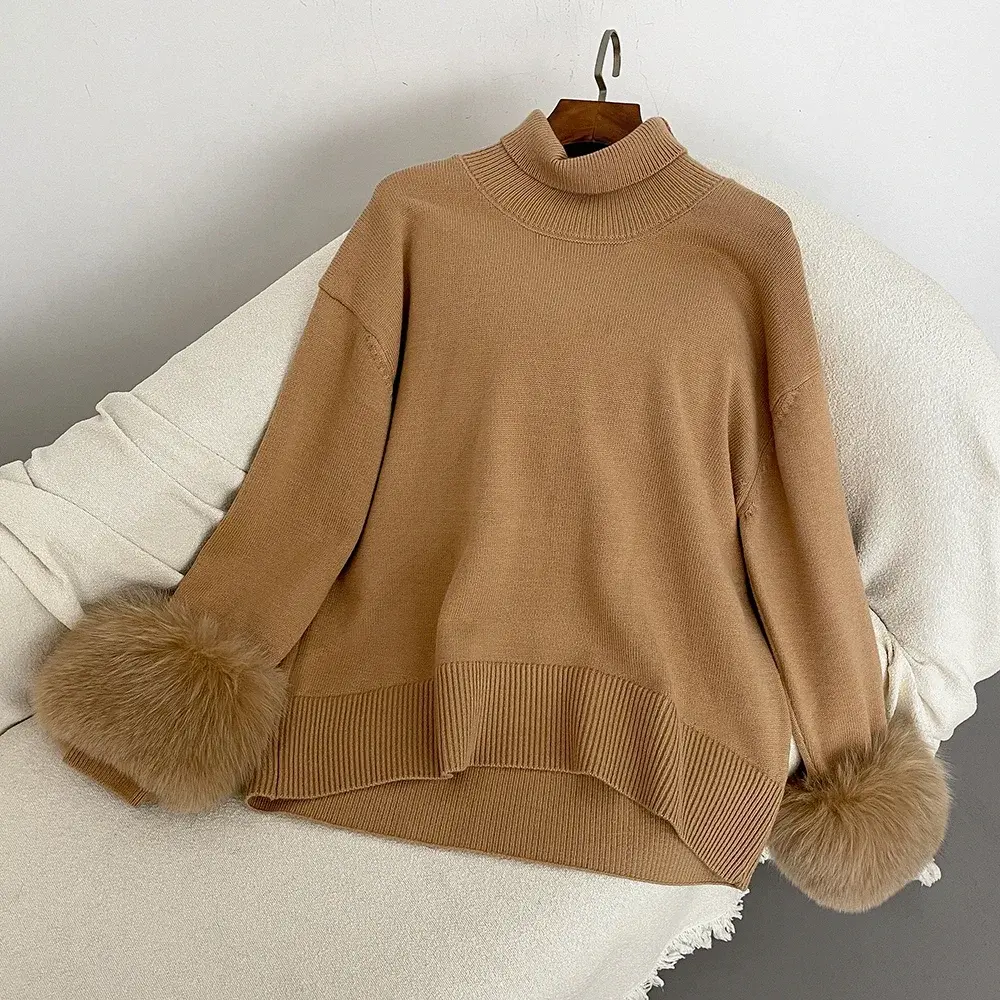 Slim Fit Sweaters Real Fox Fur Coat 2024 Sweater Women Autumn Winter New Fashion Sleeves Natural Fur Knitwear Pull Femme Vintage