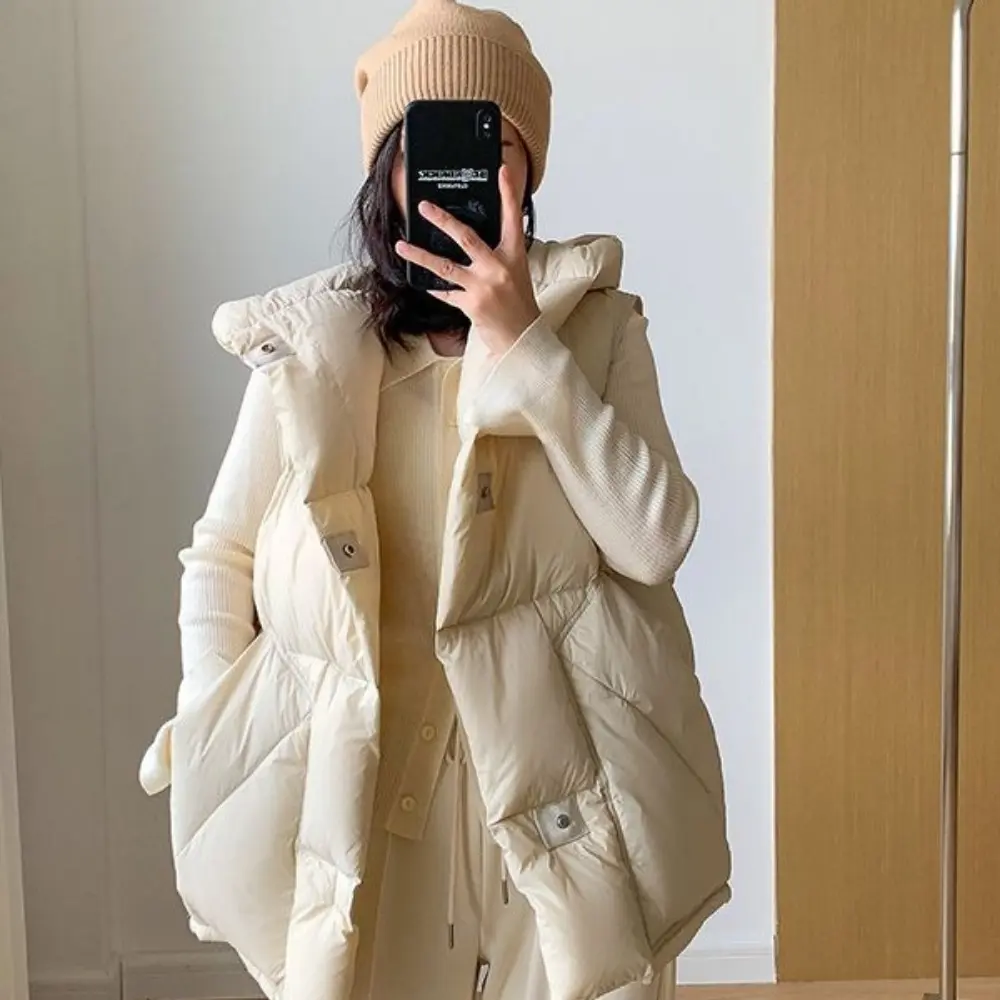 2024 Autumn Winter Down Hooded Waistcoat Woman Down Sleeveless Jacket Warm Streetwear Pockets Oversize Puffer Coat Outerwear
