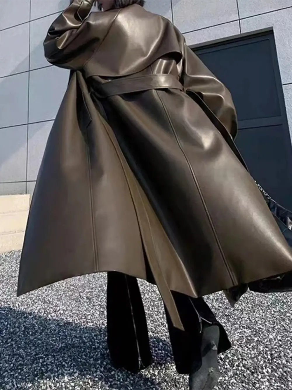 Leather Long Women' Jacket Street Fashion Turn-down Collar Female Jackets 2024 Autumn Winter Full Sleeve Belt Loose PU Coats
