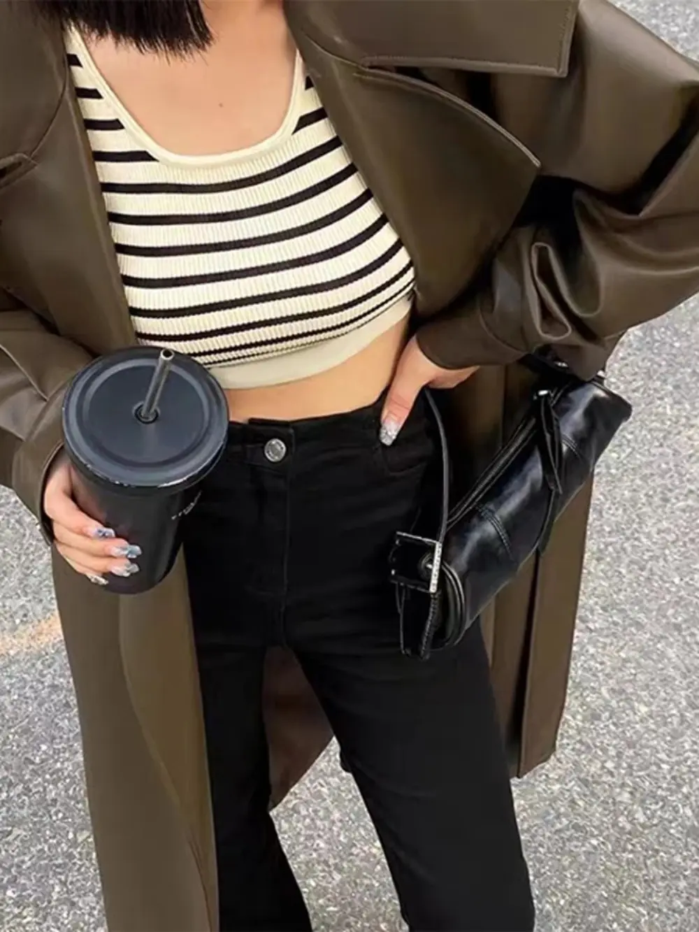 Leather Long Women' Jacket Street Fashion Turn-down Collar Female Jackets 2024 Autumn Winter Full Sleeve Belt Loose PU Coats