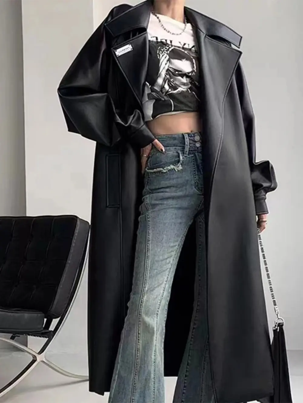 Leather Long Women' Jacket Street Fashion Turn-down Collar Female Jackets 2024 Autumn Winter Full Sleeve Belt Loose PU Coats