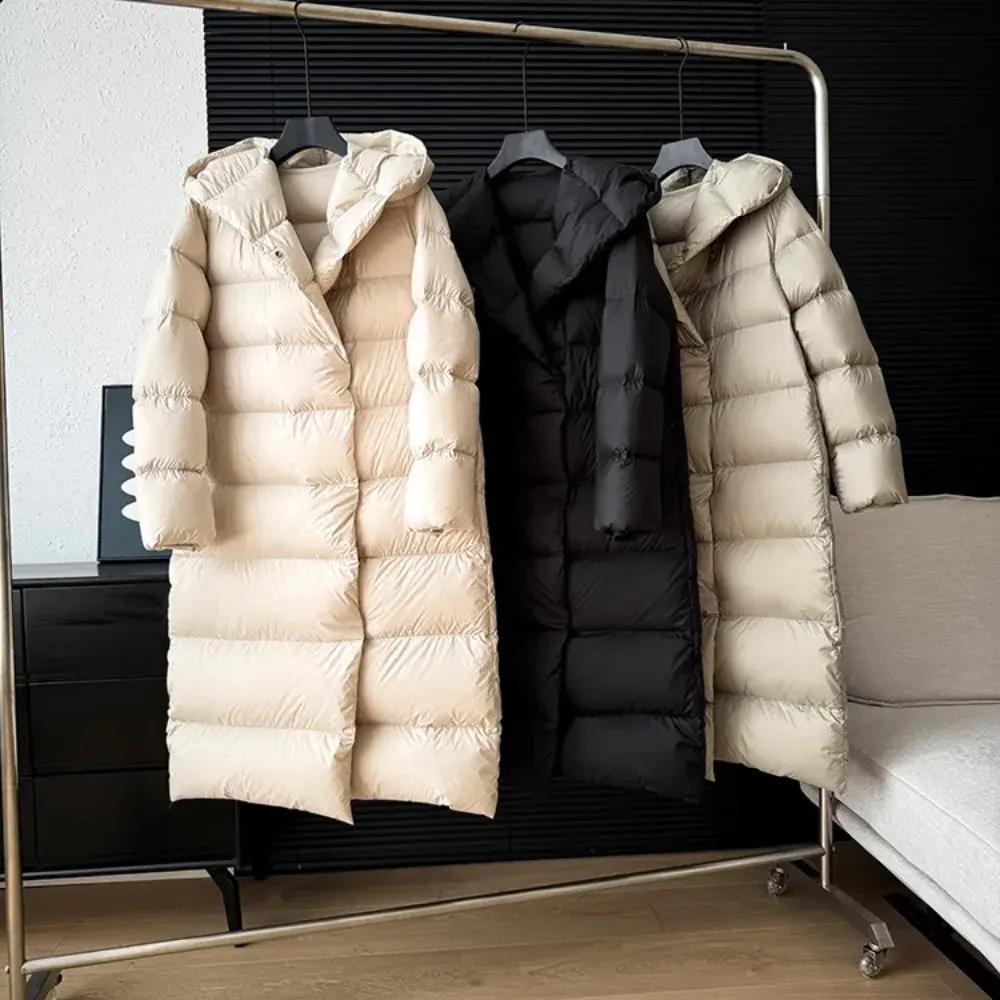 Down Jacket Women Puffer Jacket Long Hooded Parka Lightweight Warm White Duck Down Coat Female Outwear Junction of Autumn Winter