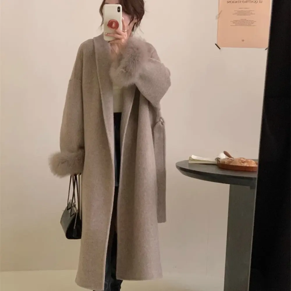 2024 Autumn Winter New Bathrobe Double-sided Cashmere Coat Women Fox Fur Cuffs Long Woolen Coat Real Fox Fur Jacket Female
