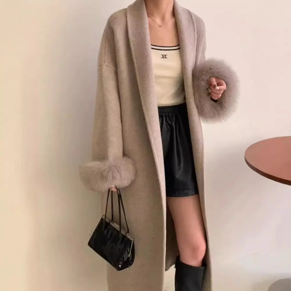 2024 Autumn Winter New Bathrobe Double-sided Cashmere Coat Women Fox Fur Cuffs Long Woolen Coat Real Fox Fur Jacket Female