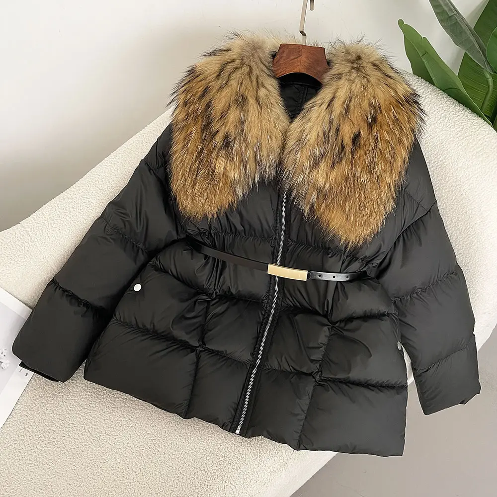 2024 New Winter Large Real Natural Raccoon Fur Puffer Jacket Women Lace-up Waist Warm Fluffy Parka White Duck Down Coat Female