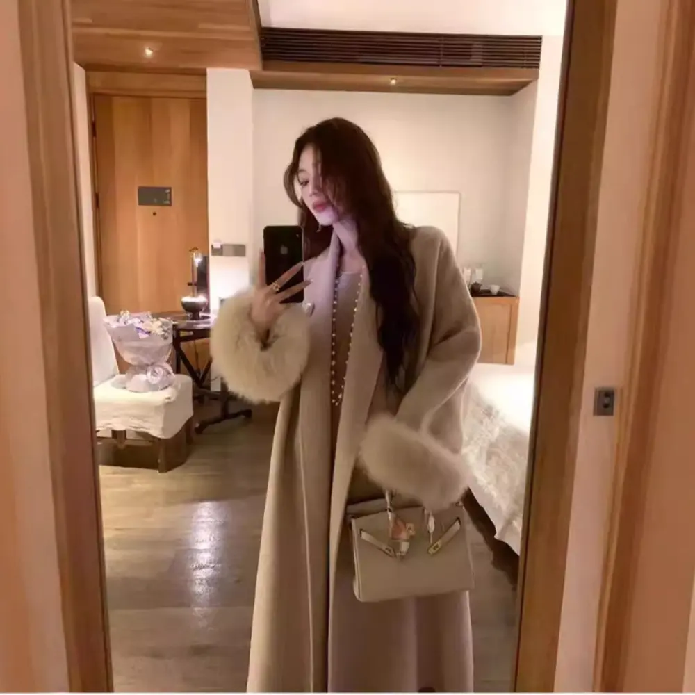 2024 Autumn Winter New Bathrobe Double-sided Cashmere Coat Women Fox Fur Cuffs Long Woolen Coat Real Fox Fur Jacket Female